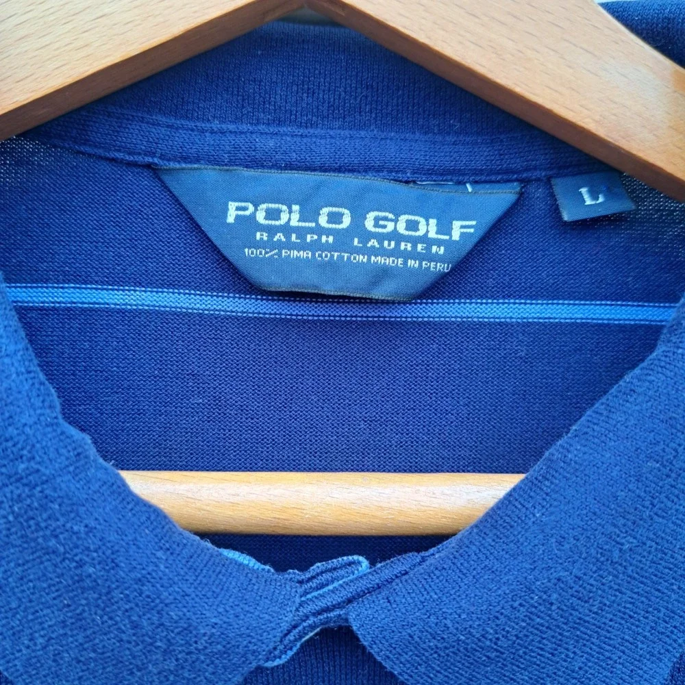 RALPH LAUREN Cotton Polo Golf Shirt  Long Sleeve Blue Striped Size LARGE
